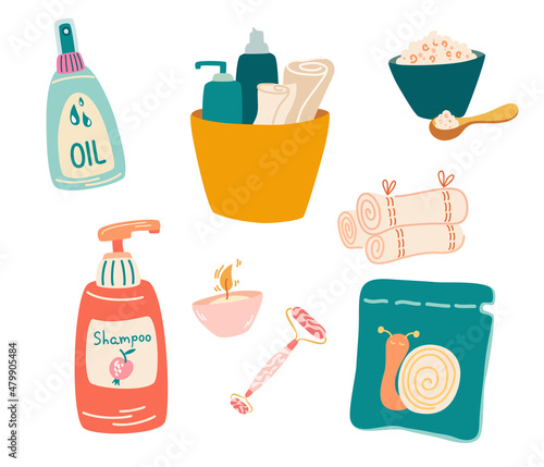 Skincare cosmetic products. Shampoo, body oil, face mask, sea salt, towel, gouache. Daily skin care routine and hygiene concept. Bottles and tubes. Bathroom cosmetics.Vector cartoon Illustration.