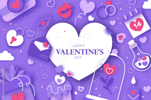 Happy Valentine's Day. Valentine day love beautiful. Hearts, Gift, flower, sweets, confetti, envelope on very peri background. Happy holidays. Love14 February paper cut concept