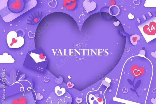 Happy Valentine's Day. Valentine day love beautiful. Hearts, Gift, flower, sweets, confetti, envelope on very peri background. Happy holidays. Love14 February paper cut concept