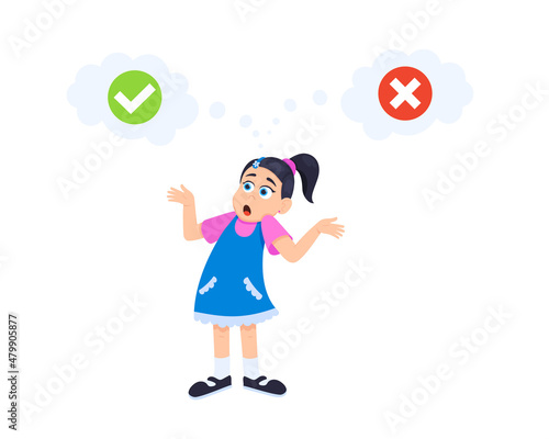 Little doubt boy girl between right and wrong check marks flat style design vector illustration isolated on white background. Cute girl thinking about something right and wrong choice concept.