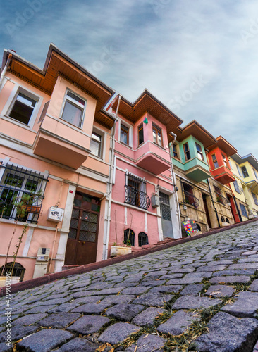 View of colorful historical buildings in Balat. Balat is the traditional old quarter in the Fatih district of Istanbul. photo