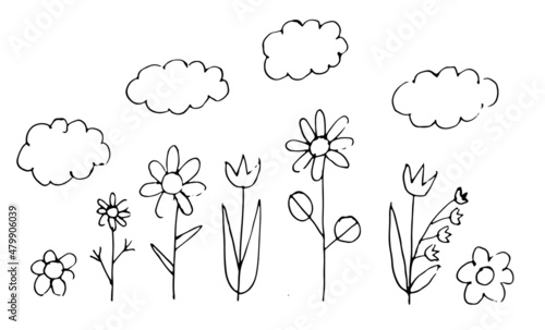Funny meadow in the style of a childs drawing with thickets of flowers. Naive landscape. Outline sketch. Hand drawing is isolated on a white background. Vector