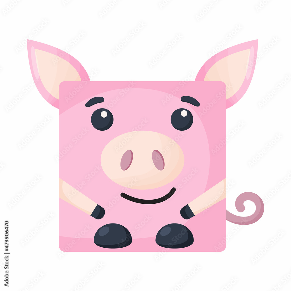 Fototapeta premium Cute cartoon square animal pig face, vector zoo sticker isolated on white background.