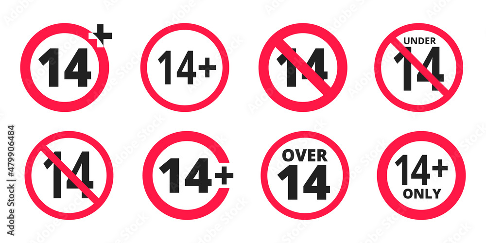 Over 14 years old plus forbidden round icon sign vector illustration set. 14 plus only or older persons adult content rating isolated on white background. Over 14 years old plus forbidden round icon sign vector illustration set. 14 plus only or older persons adult content rating isolated on white background.