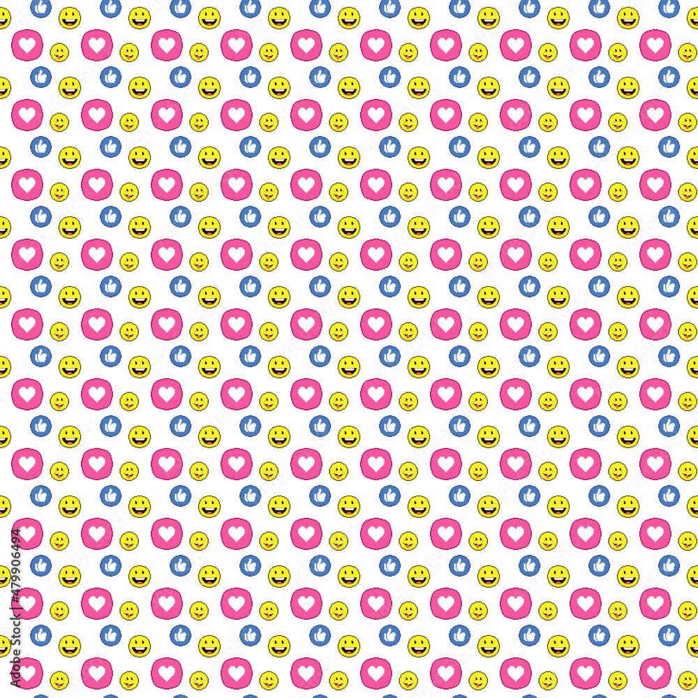 simple vector pixel art seamless pattern of cartoon round social media icons of like, emoticons, heart