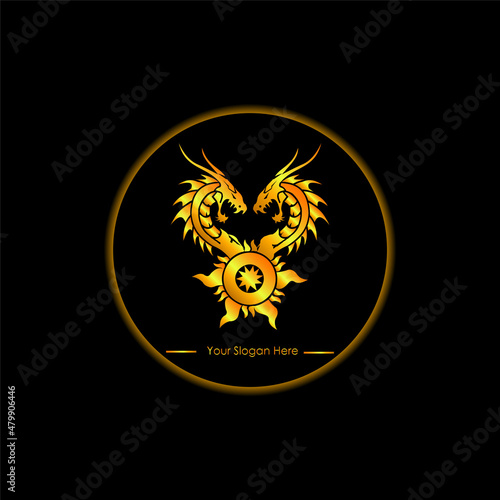golden dragon head logo and fire wheel, abstract animal head logo vector inspiration