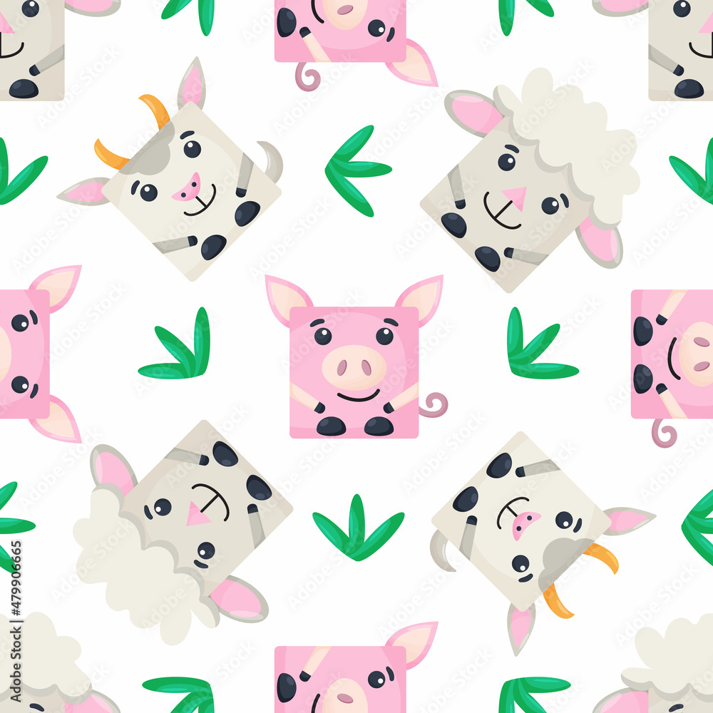 Fototapeta premium Squares pig, sheep, goat Seamless pattern. Vector Background with the faces of pig, sheep, goat. Template for the packaging, baby textile
