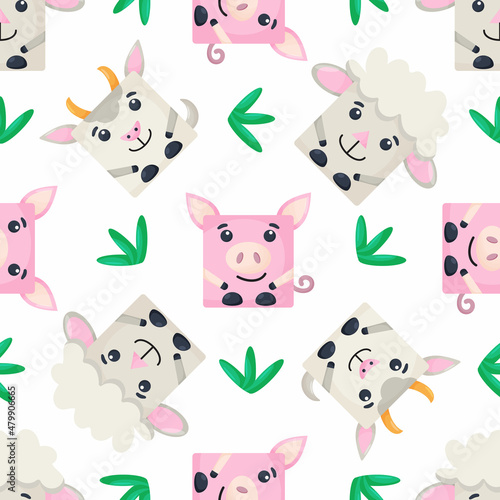 Squares pig, sheep, goat Seamless pattern. Vector Background with the faces of pig, sheep, goat. Template for the packaging, baby textile