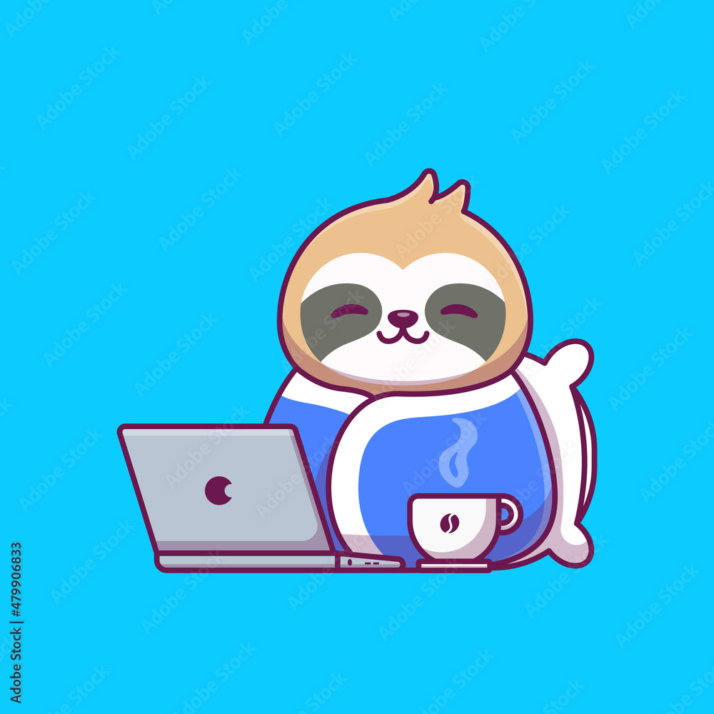 Fototapeta premium Cute Sloth Wearing Blanket With Laptop And Coffee Cartoon Vector Icon Illustration. Animal And Technology Icon Concept Isolated Premium Vector. Flat Cartoon Style