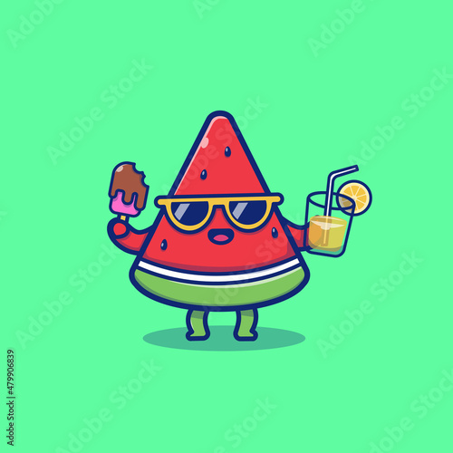 Cute Watermelon Holding Ice Cream And Orange Juice Cartoon Vector Icon Illustration. Summer Fruit Icon Concept Isolated Premium Vector. Flat Cartoon Style