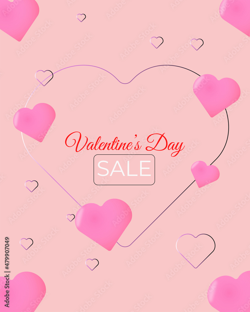 Valentines sale vector banner template. Valentine's day shop discount promotion with heart on red background. Vector illustration. 