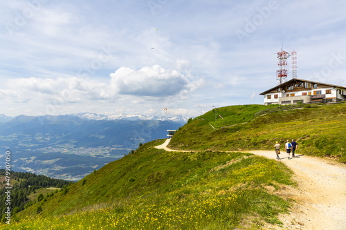 A beautiful view of Kronplatz  Plan de Corones  with mountain range in background