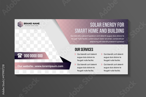 solar energy for smart home web banner design template. pink purple pastel gradient on the element. grey background. space for photo collage. horizontal layout poster leaflet.