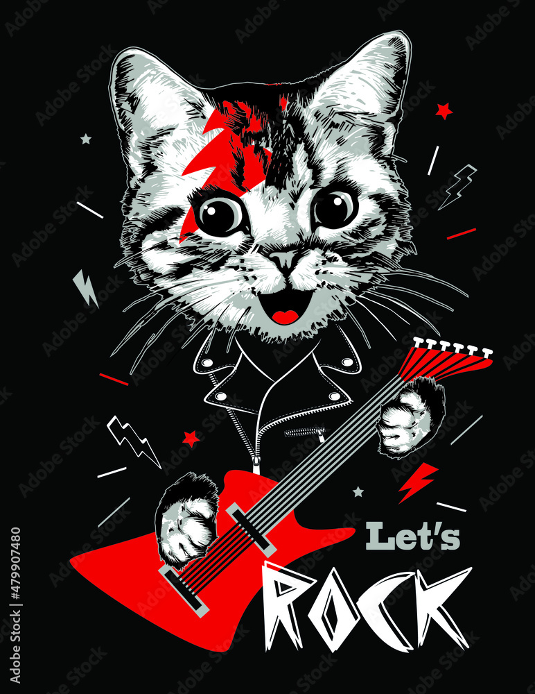 Cat kitten portrait with guitar. Slogan let's Rock. Vector illustration.
