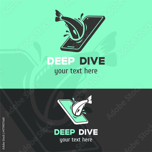 Fish phone logo. The fish dives into the smartphone screen. Vector logo for fishermen and gadget lovers. Deep dive screen background for apps, mobiles, websites. Illustration logo internet surfing 