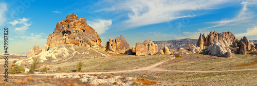 Panoramic view of beautiful mountain landscape of Cappadocia. Çavuşin, Central Anatolia, Nevşehir, Turkey