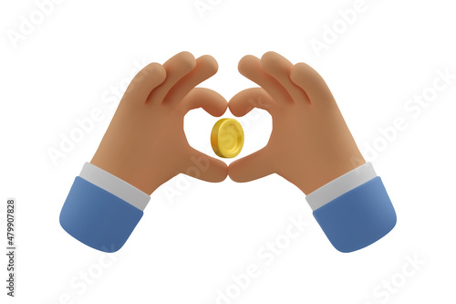 3d icon, love money concept. Hands making heart shape gesture with golden coin. Vector cartoon charity symbol clip art.