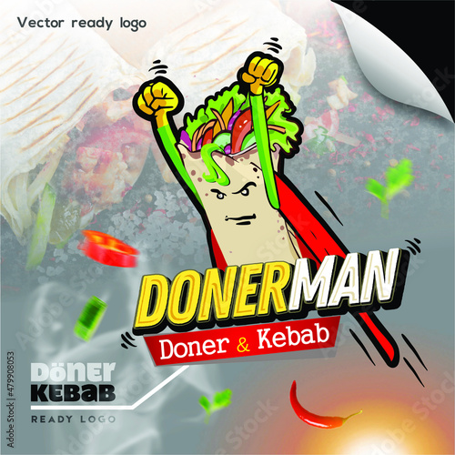 "Doner Men" Superhero Cartoon vector ready made logo. Shawarma logotype. Doner Kebab logo template. Poster for shop, restaurant, kebab cafe. Vector illustration. Shawarma Logo Images, Vectors Döner.