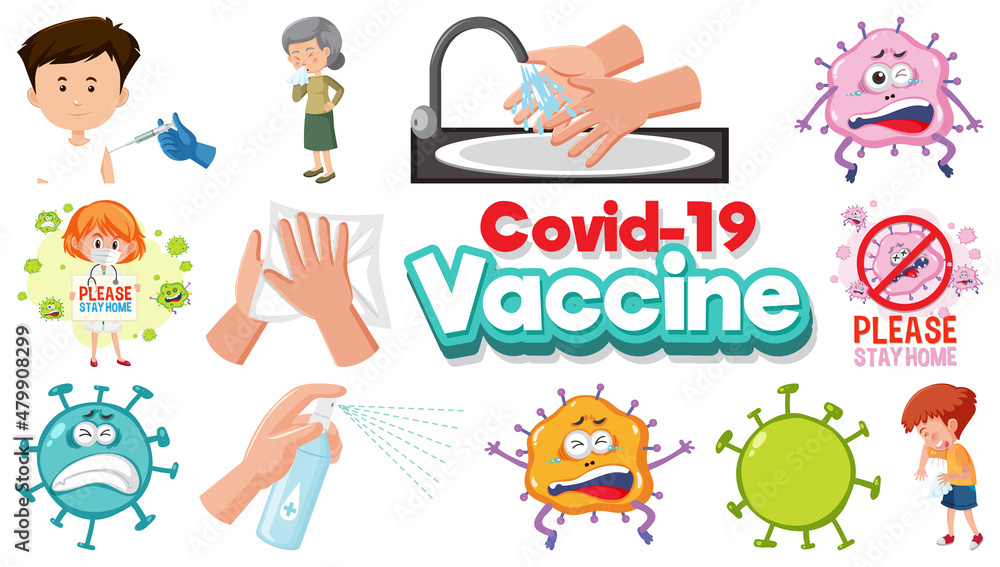 Cartoon character and Coronavirus vaccination isolated objects Cartoon character and Coronavirus vaccination isolated objects