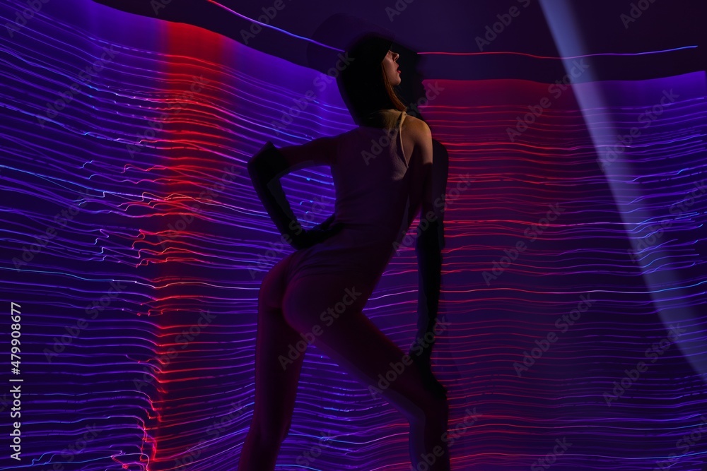 pretty woman neon lines light posing color background unaltered