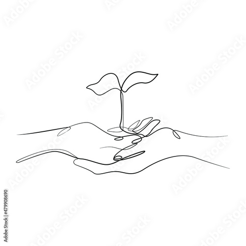 Hand holding plant, eco icon. Print for clothes, t-shirt, emblem or logo design, continuous line drawing, small tattoo, isolated vector illustration. Growing plant in hand palm. 