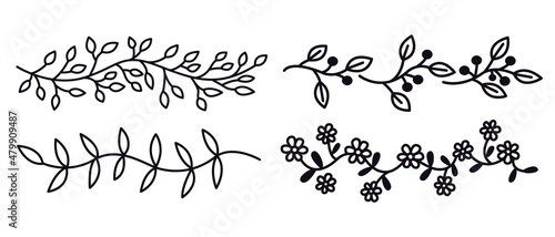 Hand drawn floral dividers for notebook or diary. Doodle flower and leaves branch border. Bullet journal sketch template