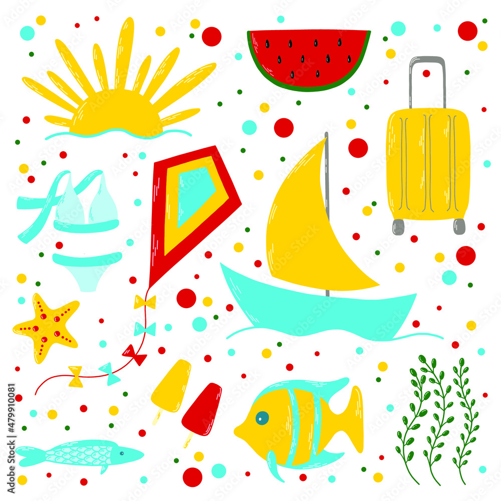 Vector summer bright collection with cartoon illustrations: sun, watermelon, suitcase, swimsuit, kite, boat, starfish, ice cream, fish, seaweed. Sea vacation theme.