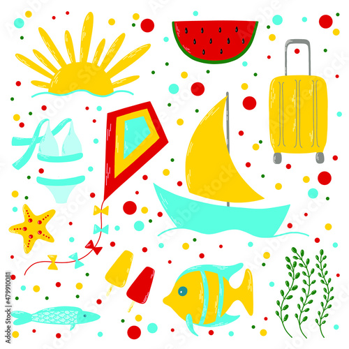 Vector summer bright collection with cartoon illustrations  sun  watermelon  suitcase  swimsuit  kite  boat  starfish  ice cream  fish  seaweed. Sea vacation theme.