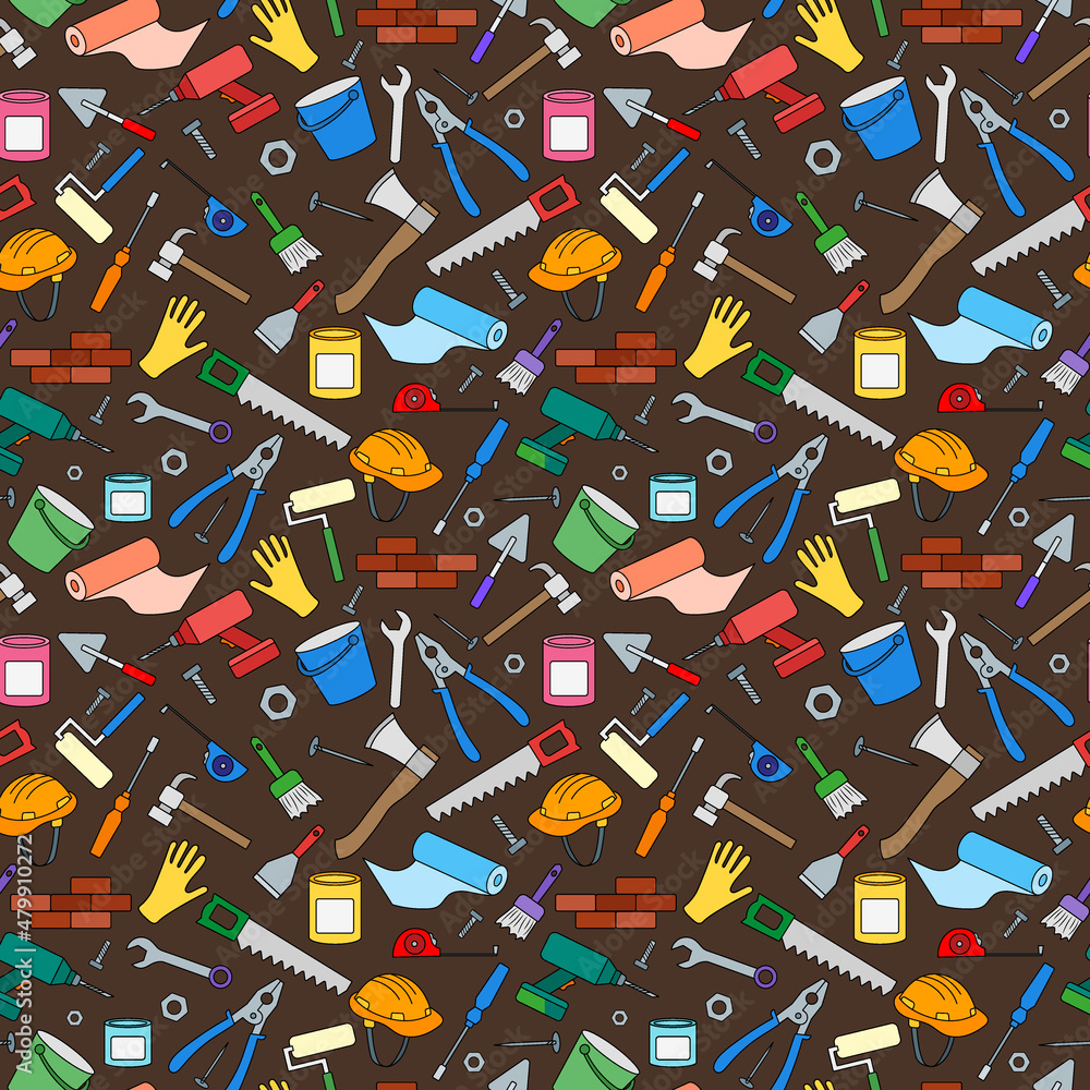 Seamless background on the topic of construction and repair , simple color icons on a brown background Seamless background on the topic of construction and repair , simple color icons on a brown background