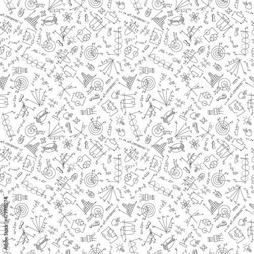 Seamless pattern with formulas,graphs, and equipment as the subject of physics,dark marker on white background