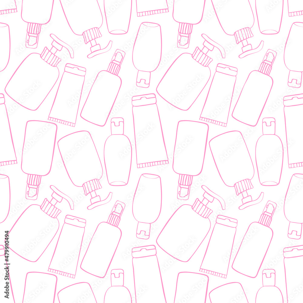 Vector seamless pattern of different outline bottles, tubes, flacons, cosmetic products in doodle style. Texture on theme beauty industry, skin care, hygiene products, toiletries Vector seamless pattern of different outline bottles, tubes, flacons, cosmetic products in doodle style. Texture on theme beauty industry, skin care, hygiene products, toiletries