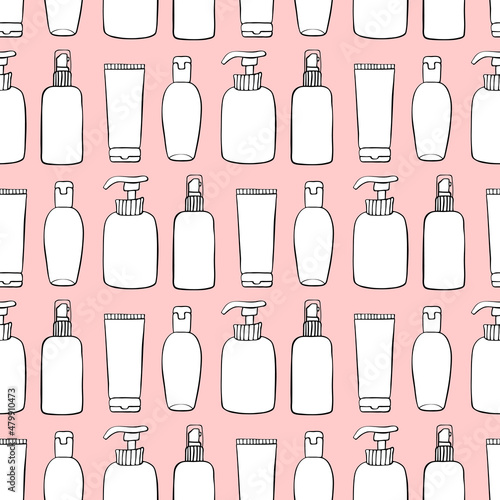 Vector seamless pattern of different outline bottles, tubes, flacons, cosmetic products in doodle style. Texture on theme beauty industry, skin care, hygiene products, toiletries