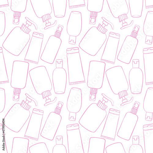 Vector seamless pattern of different outline bottles, tubes, flacons, cosmetic products in doodle style. Texture on theme beauty industry, skin care, hygiene products, toiletries