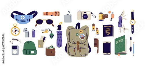 Everyday carry stuff for travel. Tourist bag and accessories set. Backpack content, essentials, things, supplies and equipment. Flat graphic vector illustration of EDC isolated on white background