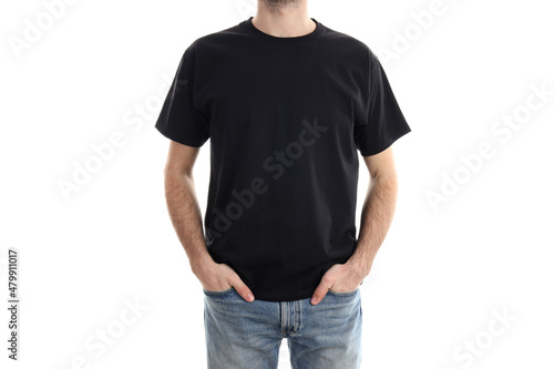 Man in blank black t-shirt isolated on white background