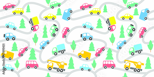 Seamless pattern with cars and road. Cartoon background for Kids. Vector illustrations