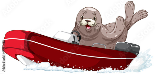 Seal on motor boat in cartoon style