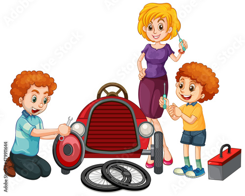 Children repairing a car together
