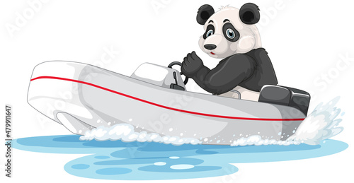 Panda on speed boat in cartoon style