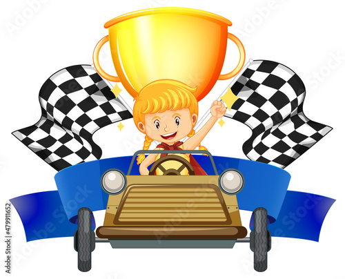 Girl car racer on trophy and race flag