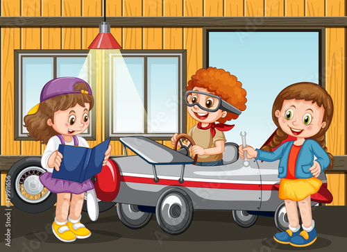 Garage scene with children fixing a car together