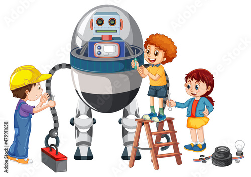 Children fixing a robot together