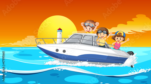 Beach scenery with happy children on boat