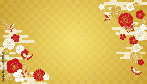 お正月などに使える和柄背景　梅と雲と蝶