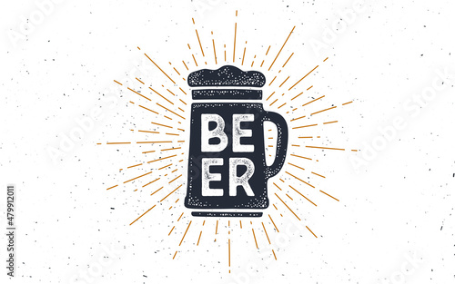 Mug Beer. Old school poster with text Beer. Mug beer in vintage style with linear drawing light rays, sunburst and rays of sun, text beer. Hand drawn graphic design. Vector Illustration