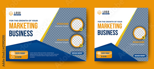 Marketing Business Live Webinar Banner Invitation and Social Media post template. Blue and Yellow background. Business Converence invitation design. Vector EPS	