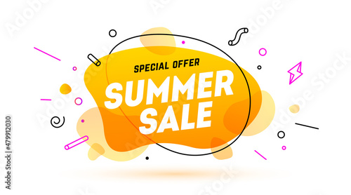 Summer Sale, speech bubble. Banner, poster, speech bubble with text Summer Sale. Geometric style with message sale for banner, poster. Explosion burst design, speech bubble. Vector Illustration
