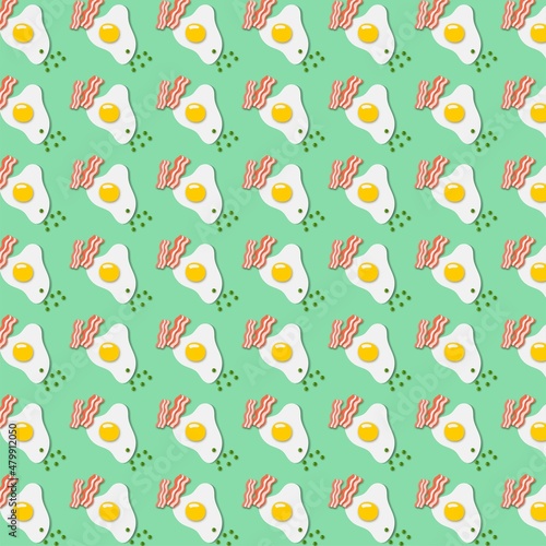 Seamless pattern of fried eggs with bacon and green peas on a green background in the style of Paper Cut