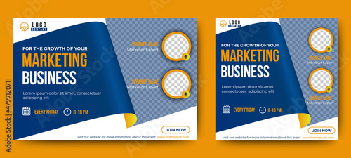 Marketing Business Live Webinar Banner Invitation and Social Media post template. Blue and Yellow background. Business Converence invitation design. Vector EPS	