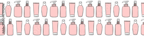 Vector seamless pattern of different outline bottles, tubes, flacons, cosmetic products in doodle style. Texture on theme beauty industry, skin care, hygiene products, toiletries